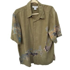 Citron Mens‎ S Silk Short Sleeve Button Up Shirt Crane Dragon Print Green